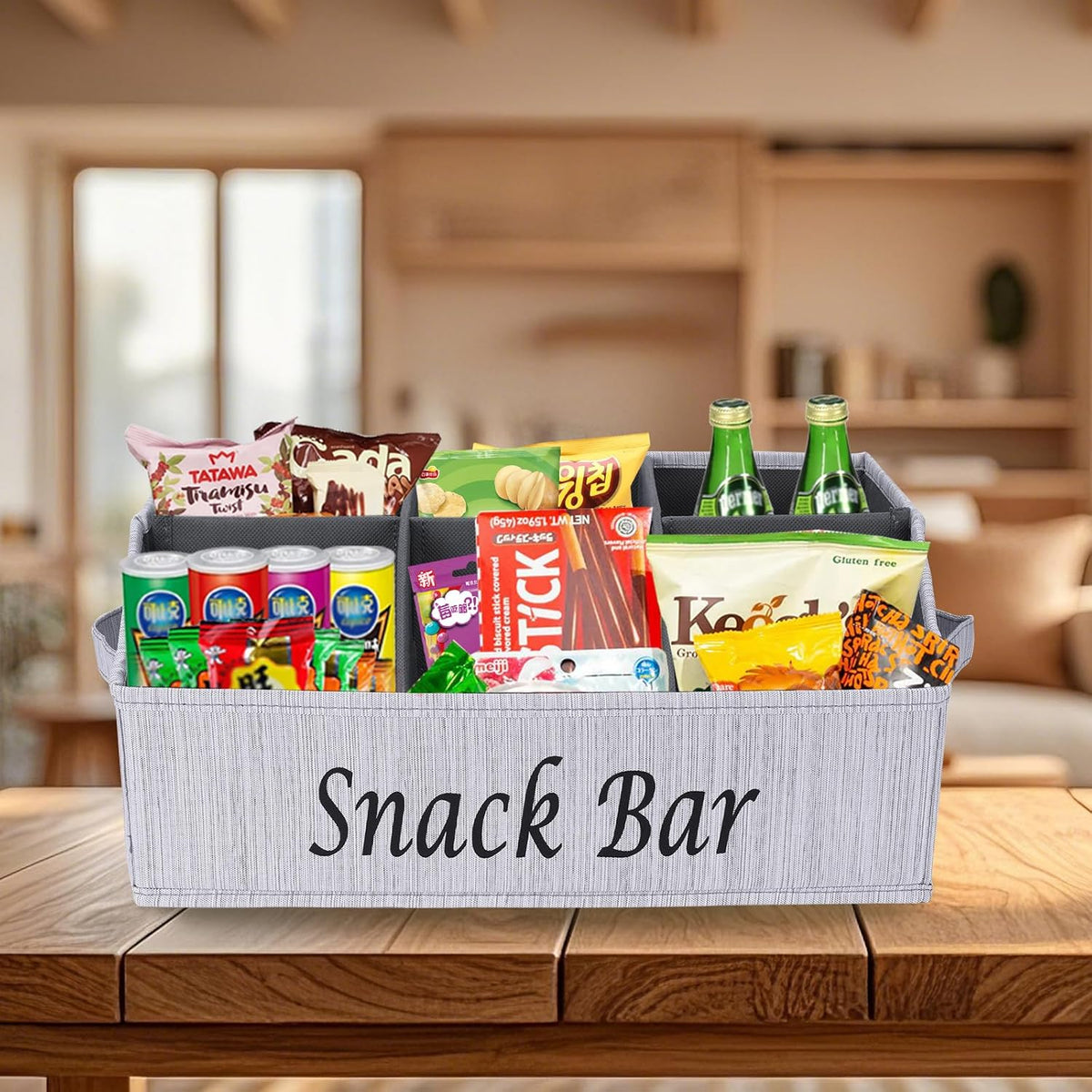 Snack Organizer for Countertop, Pantry Storage Bins with Handles, Fabric Snack Bar Station Container, 6 Compartment Food Container Box for Pantry, Kitchen Cabinet Pantry Organizer-SnowGrey