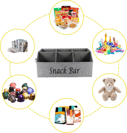 Snack Organizer for Countertop, Pantry Storage Bins with Handles, Fabric Snack Bar Station Container, 6 Compartment Food Container Box for Pantry, Kitchen Cabinet Pantry Organizer-SnowGrey