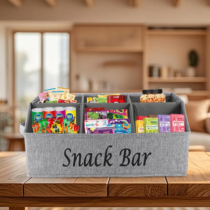 Snack Organizer for Countertop, Pantry Storage Bins with Handles, Fabric Snack Bar Station Container, 6 Compartment Food Container Box for Pantry, Kitchen Cabinet Pantry Organizer-SnowGrey