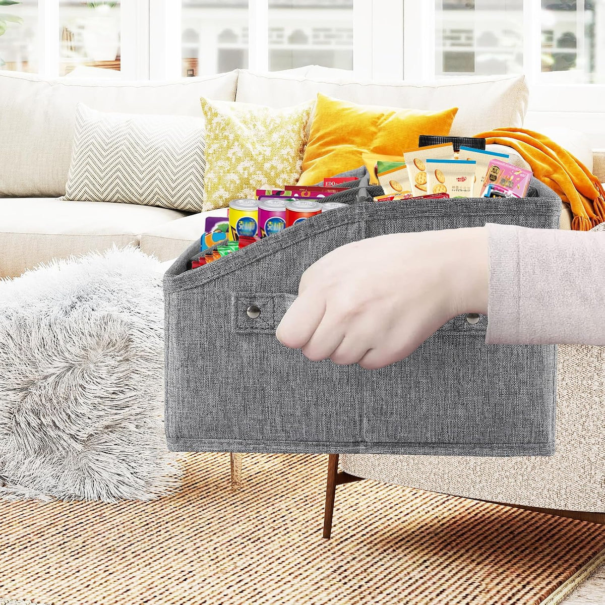 Snack Organizer for Countertop, Pantry Storage Bins with Handles, Fabric Snack Bar Station Container, 6 Compartment Food Container Box for Pantry, Kitchen Cabinet Pantry Organizer-SnowGrey