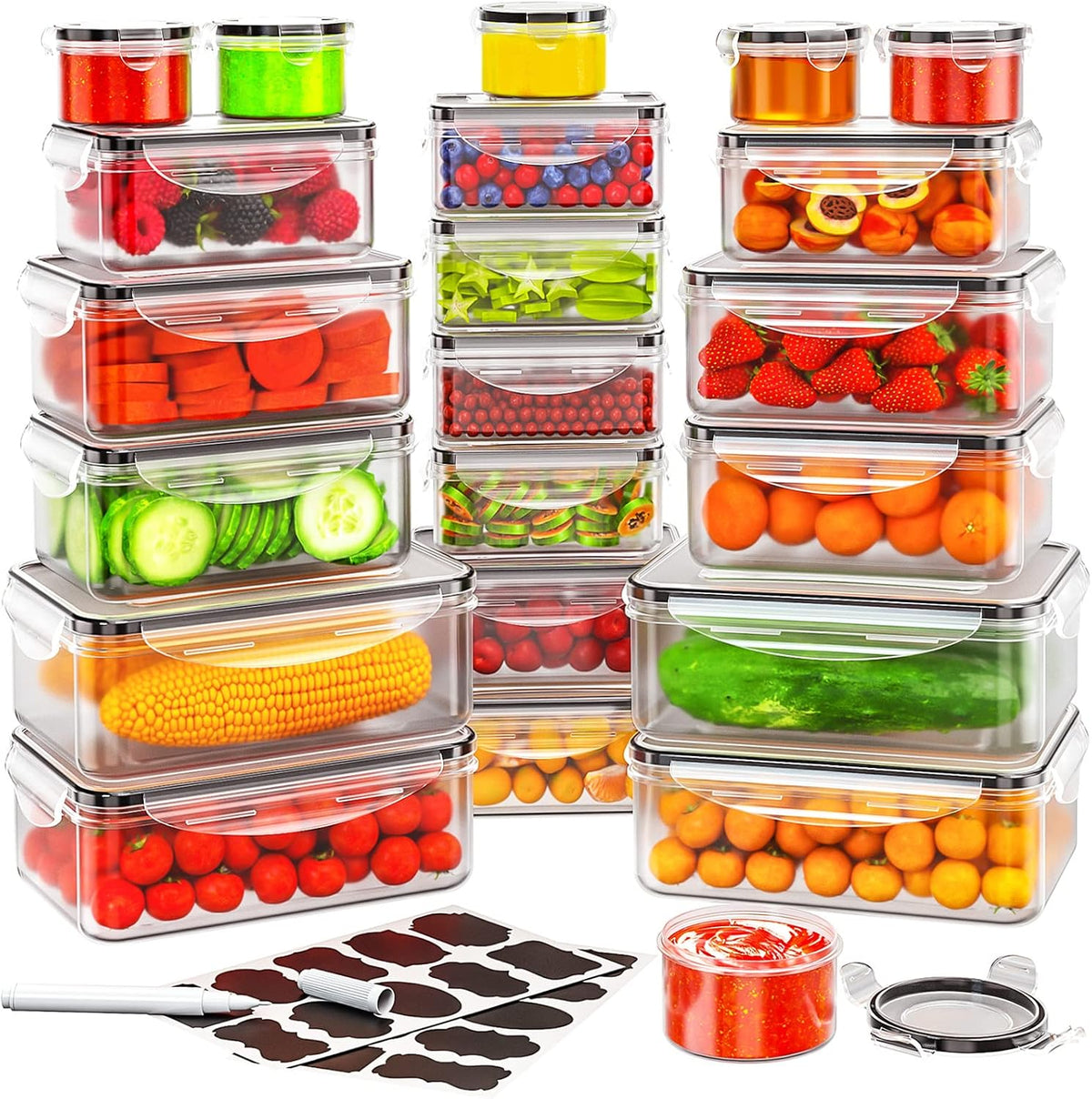 40 PCS Food Storage Containers with Lids Airtight (20 Lids &20 Containers) - Leakproof Meal-Prep Containers for Kitchen Storage Reusable Plastic Microwave/Dishwasher Safe with Labels & Pen