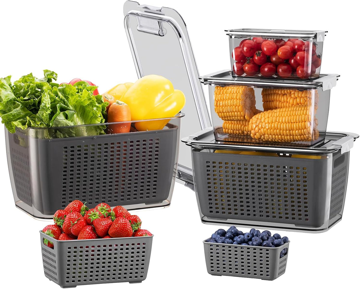 Fresh Container, 3PACK Produce Saver Container BPA Free Fridge Organizer for Vegetable Fruit and Salad Partitioned Food Storage Container with Vents Stay Fresh Containers Not Dishwashers Safe