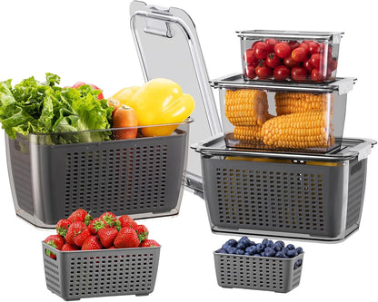 Fresh Container, 3PACK Produce Saver Container BPA Free Fridge Organizer for Vegetable Fruit and Salad Partitioned Food Storage Container with Vents Stay Fresh Containers Not Dishwashers Safe