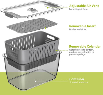 Fresh Container, 3PACK Produce Saver Container BPA Free Fridge Organizer for Vegetable Fruit and Salad Partitioned Food Storage Container with Vents Stay Fresh Containers Not Dishwashers Safe