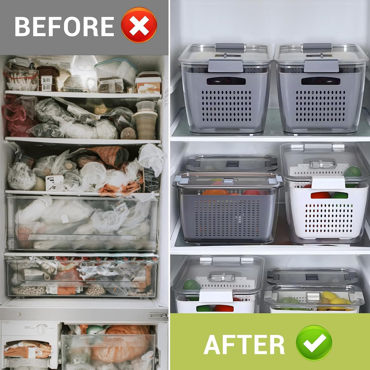 Fresh Container, 3PACK Produce Saver Container BPA Free Fridge Organizer for Vegetable Fruit and Salad Partitioned Food Storage Container with Vents Stay Fresh Containers Not Dishwashers Safe