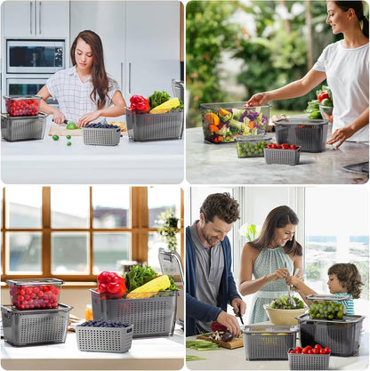 Fresh Container, 3PACK Produce Saver Container BPA Free Fridge Organizer for Vegetable Fruit and Salad Partitioned Food Storage Container with Vents Stay Fresh Containers Not Dishwashers Safe