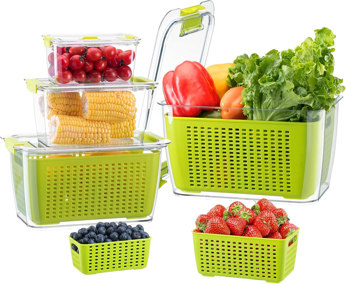 Fresh Container, 3PACK Produce Saver Container BPA Free Fridge Organizer for Vegetable Fruit and Salad Partitioned Food Storage Container with Vents Stay Fresh Containers Not Dishwashers Safe