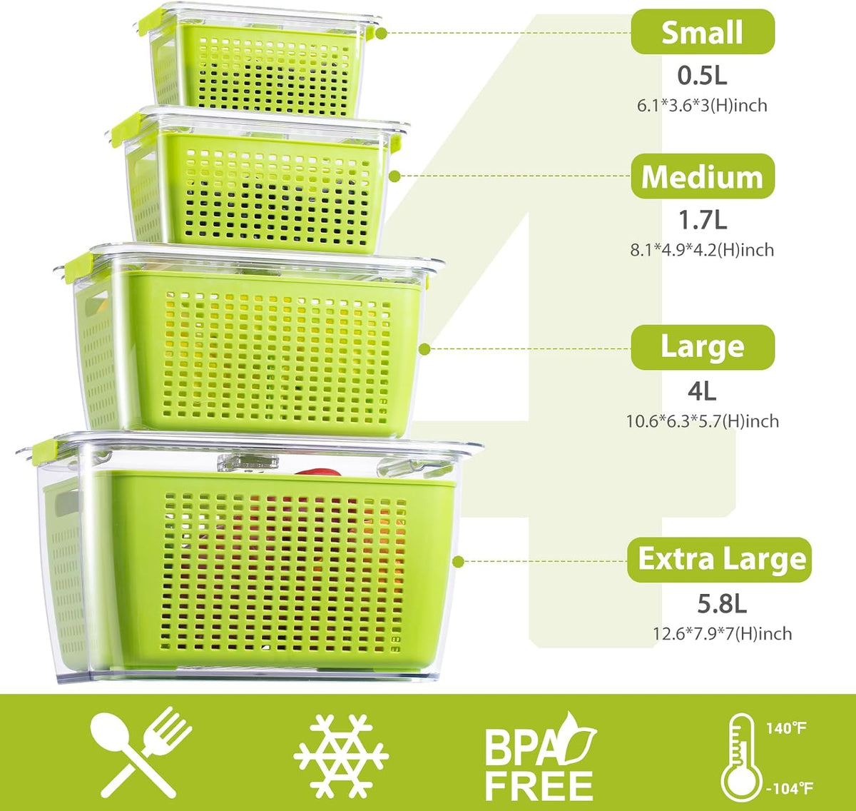 Fresh Container, 3PACK Produce Saver Container BPA Free Fridge Organizer for Vegetable Fruit and Salad Partitioned Food Storage Container with Vents Stay Fresh Containers Not Dishwashers Safe