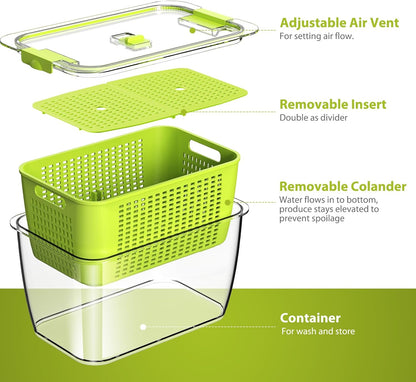 Fresh Container, 3PACK Produce Saver Container BPA Free Fridge Organizer for Vegetable Fruit and Salad Partitioned Food Storage Container with Vents Stay Fresh Containers Not Dishwashers Safe