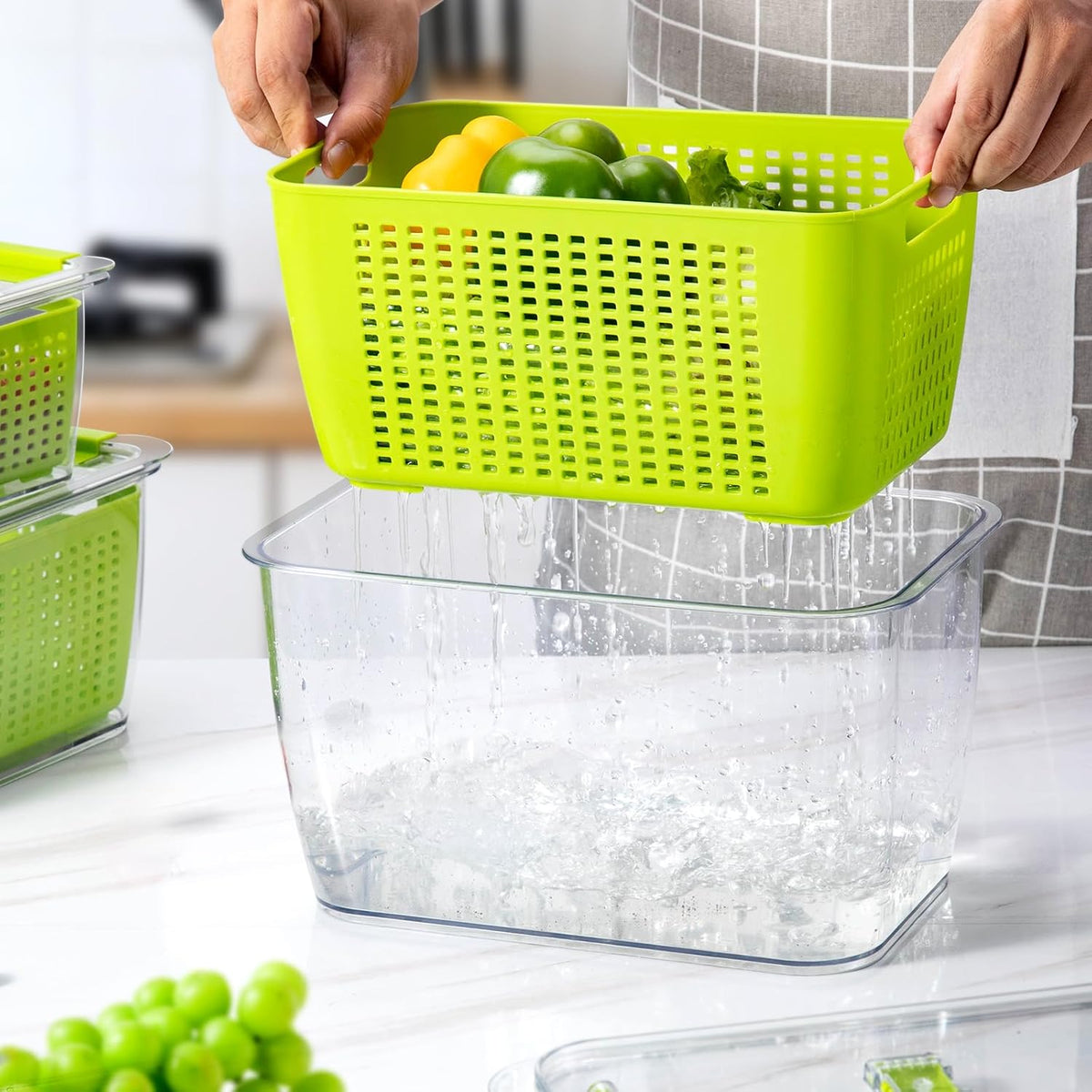 Fresh Container, 3PACK Produce Saver Container BPA Free Fridge Organizer for Vegetable Fruit and Salad Partitioned Food Storage Container with Vents Stay Fresh Containers Not Dishwashers Safe