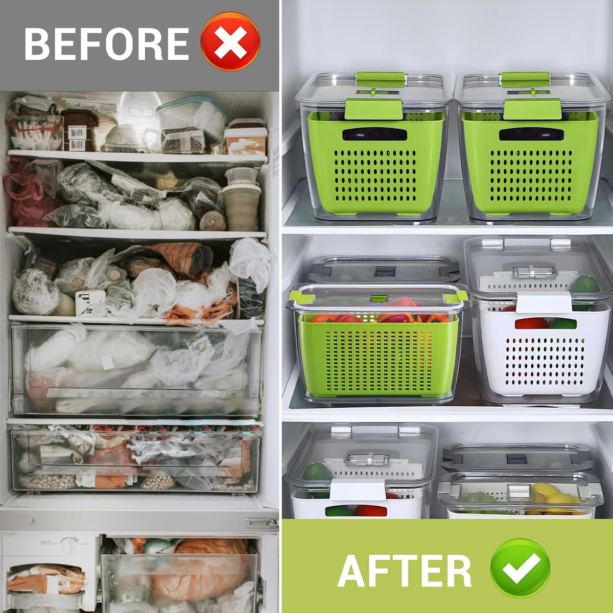 Fresh Container, 3PACK Produce Saver Container BPA Free Fridge Organizer for Vegetable Fruit and Salad Partitioned Food Storage Container with Vents Stay Fresh Containers Not Dishwashers Safe