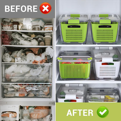 Fresh Container, 3PACK Produce Saver Container BPA Free Fridge Organizer for Vegetable Fruit and Salad Partitioned Food Storage Container with Vents Stay Fresh Containers Not Dishwashers Safe