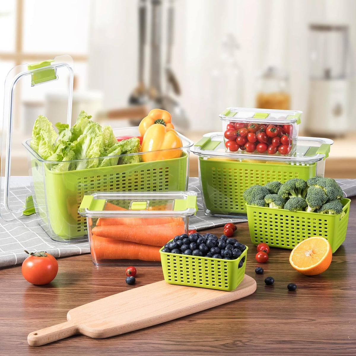 Fresh Container, 3PACK Produce Saver Container BPA Free Fridge Organizer for Vegetable Fruit and Salad Partitioned Food Storage Container with Vents Stay Fresh Containers Not Dishwashers Safe