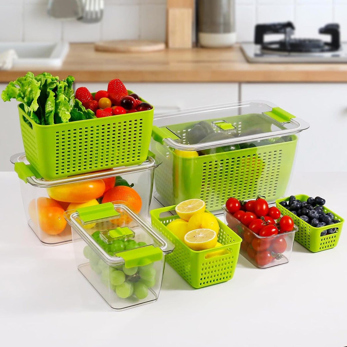 Fresh Container, 3PACK Produce Saver Container BPA Free Fridge Organizer for Vegetable Fruit and Salad Partitioned Food Storage Container with Vents Stay Fresh Containers Not Dishwashers Safe