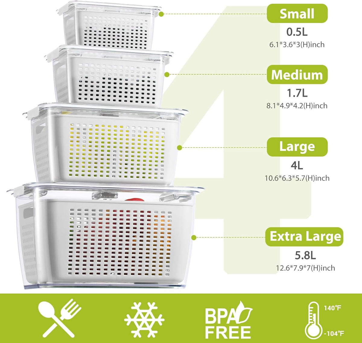 Fresh Container, 3PACK Produce Saver Container BPA Free Fridge Organizer for Vegetable Fruit and Salad Partitioned Food Storage Container with Vents Stay Fresh Containers Not Dishwashers Safe