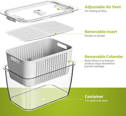 Fresh Container, 3PACK Produce Saver Container BPA Free Fridge Organizer for Vegetable Fruit and Salad Partitioned Food Storage Container with Vents Stay Fresh Containers Not Dishwashers Safe