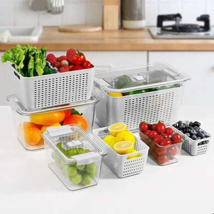 Fresh Container, 3PACK Produce Saver Container BPA Free Fridge Organizer for Vegetable Fruit and Salad Partitioned Food Storage Container with Vents Stay Fresh Containers Not Dishwashers Safe