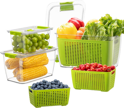 Fresh Container, 3PACK Produce Saver Container BPA Free Fridge Organizer for Vegetable Fruit and Salad Partitioned Food Storage Container with Vents Stay Fresh Containers Not Dishwashers Safe