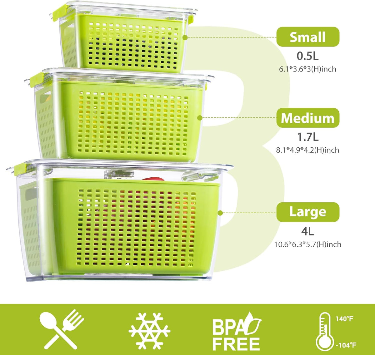 Fresh Container, 3PACK Produce Saver Container BPA Free Fridge Organizer for Vegetable Fruit and Salad Partitioned Food Storage Container with Vents Stay Fresh Containers Not Dishwashers Safe