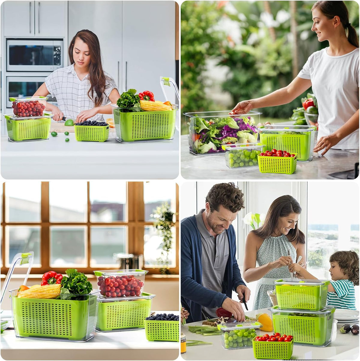Fresh Container, 3PACK Produce Saver Container BPA Free Fridge Organizer for Vegetable Fruit and Salad Partitioned Food Storage Container with Vents Stay Fresh Containers Not Dishwashers Safe