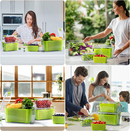 Fresh Container, 3PACK Produce Saver Container BPA Free Fridge Organizer for Vegetable Fruit and Salad Partitioned Food Storage Container with Vents Stay Fresh Containers Not Dishwashers Safe