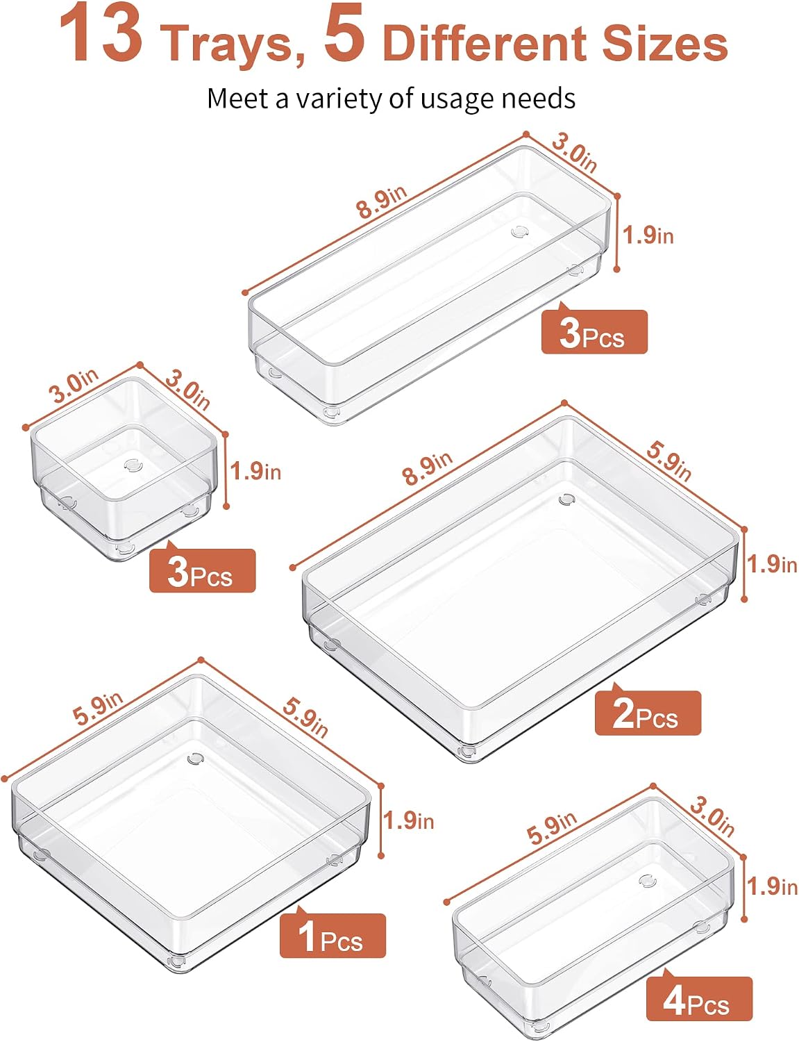 Drawer Organizer 5-Size Desk Makeup Drawer Organizer Clear