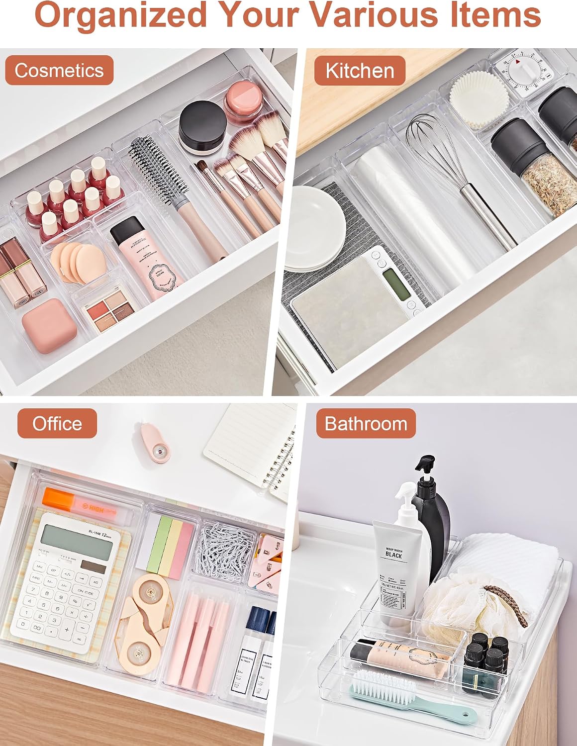 Drawer Organizer 5-Size Desk Makeup Drawer Organizer Clear