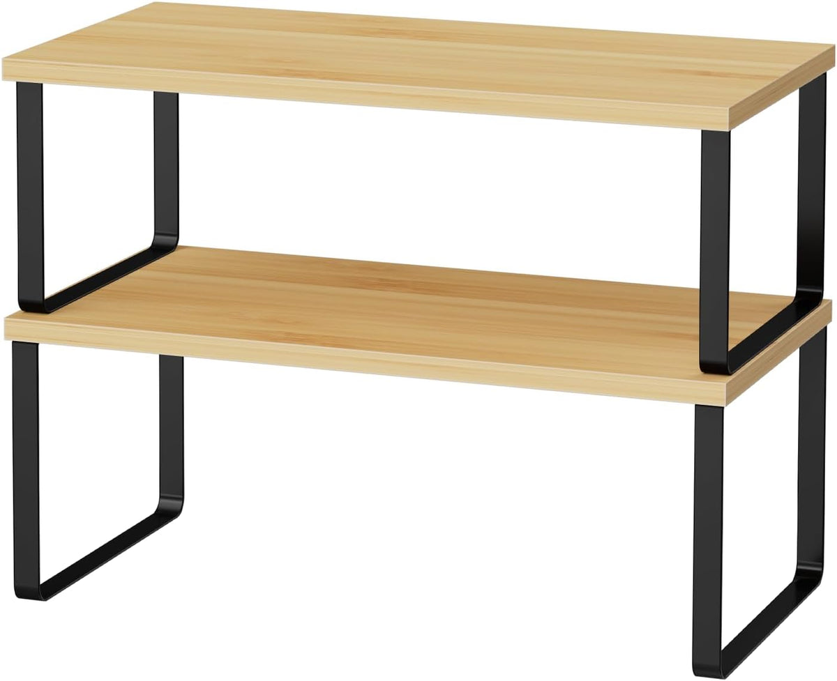 Cabinet Shelf Organizers, 15.7 inches Large Kitchen Counter Shelf, Set of 2 Wood Kitchen Pantry Organizer, Storage Shelves for Countertop, Spice Rack, Stackable, Expandable, Metal White, Nature