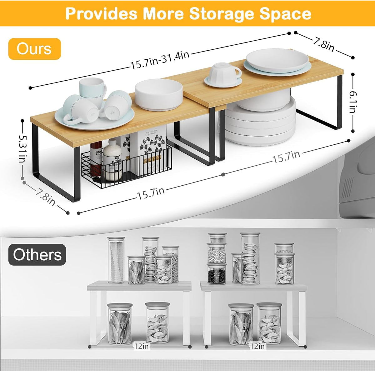 Cabinet Shelf Organizers, 15.7 inches Large Kitchen Counter Shelf, Set of 2 Wood Kitchen Pantry Organizer, Storage Shelves for Countertop, Spice Rack, Stackable, Expandable, Metal White, Nature