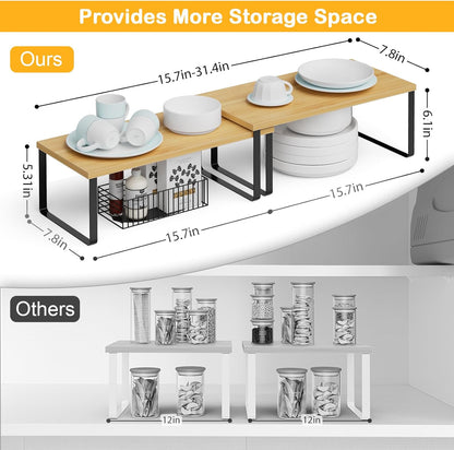 Cabinet Shelf Organizers, 15.7 inches Large Kitchen Counter Shelf, Set of 2 Wood Kitchen Pantry Organizer, Storage Shelves for Countertop, Spice Rack, Stackable, Expandable, Metal White, Nature