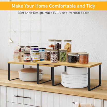 Cabinet Shelf Organizers, 15.7 inches Large Kitchen Counter Shelf, Set of 2 Wood Kitchen Pantry Organizer, Storage Shelves for Countertop, Spice Rack, Stackable, Expandable, Metal White, Nature