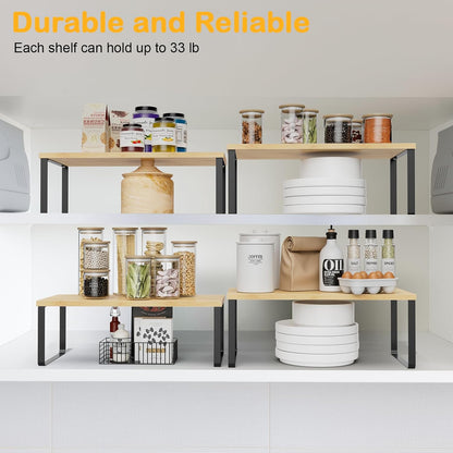 Cabinet Shelf Organizers, 15.7 inches Large Kitchen Counter Shelf, Set of 2 Wood Kitchen Pantry Organizer, Storage Shelves for Countertop, Spice Rack, Stackable, Expandable, Metal White, Nature