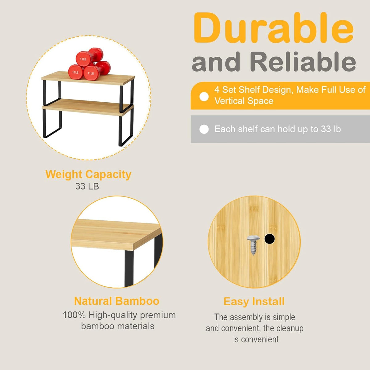 Cabinet Shelf Organizers, 15.7 inches Large Kitchen Counter Shelf, Set of 2 Wood Kitchen Pantry Organizer, Storage Shelves for Countertop, Spice Rack, Stackable, Expandable, Metal White, Nature