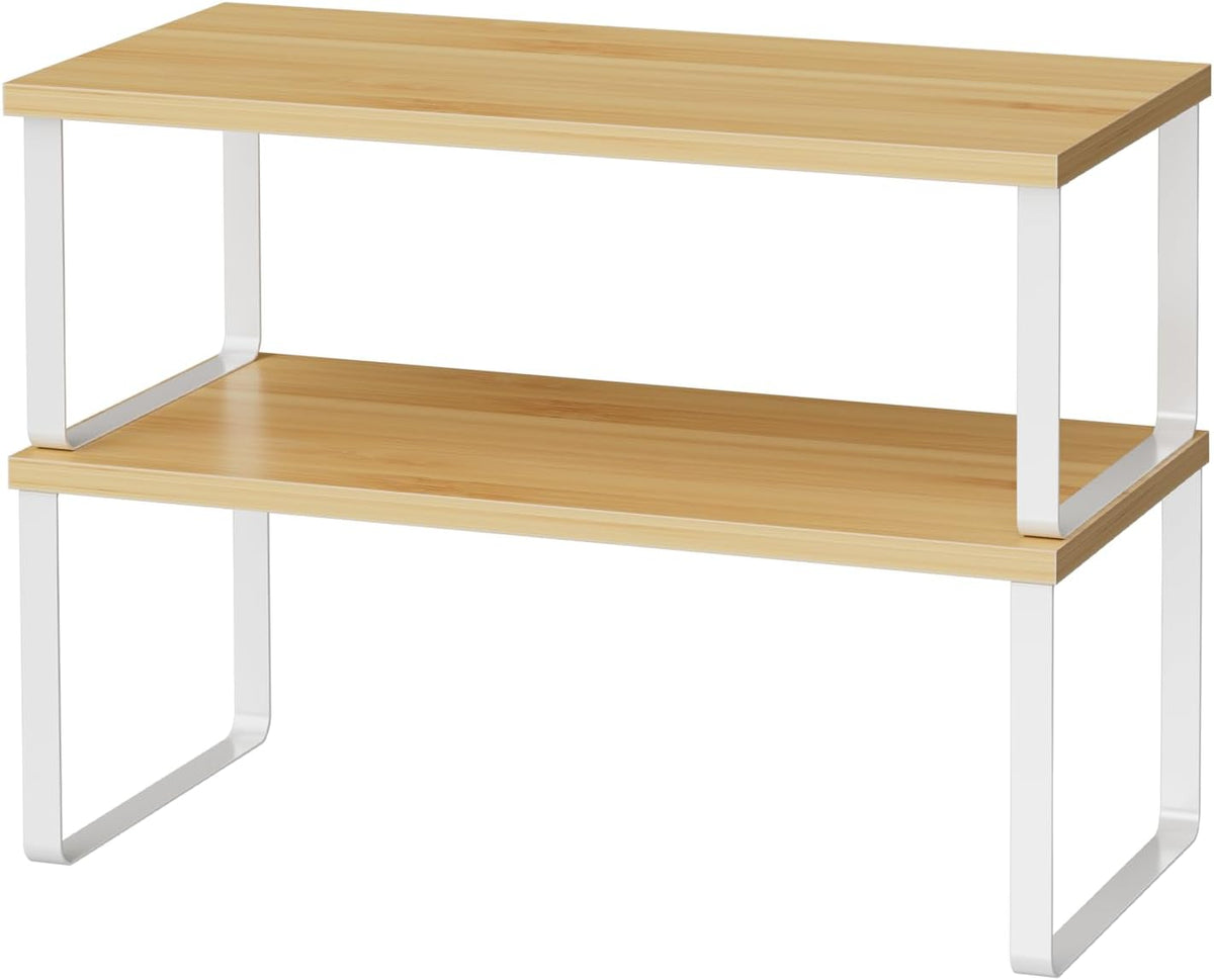 Cabinet Shelf Organizers, 15.7 inches Large Kitchen Counter Shelf, Set of 2 Wood Kitchen Pantry Organizer, Storage Shelves for Countertop, Spice Rack, Stackable, Expandable, Metal White, Nature
