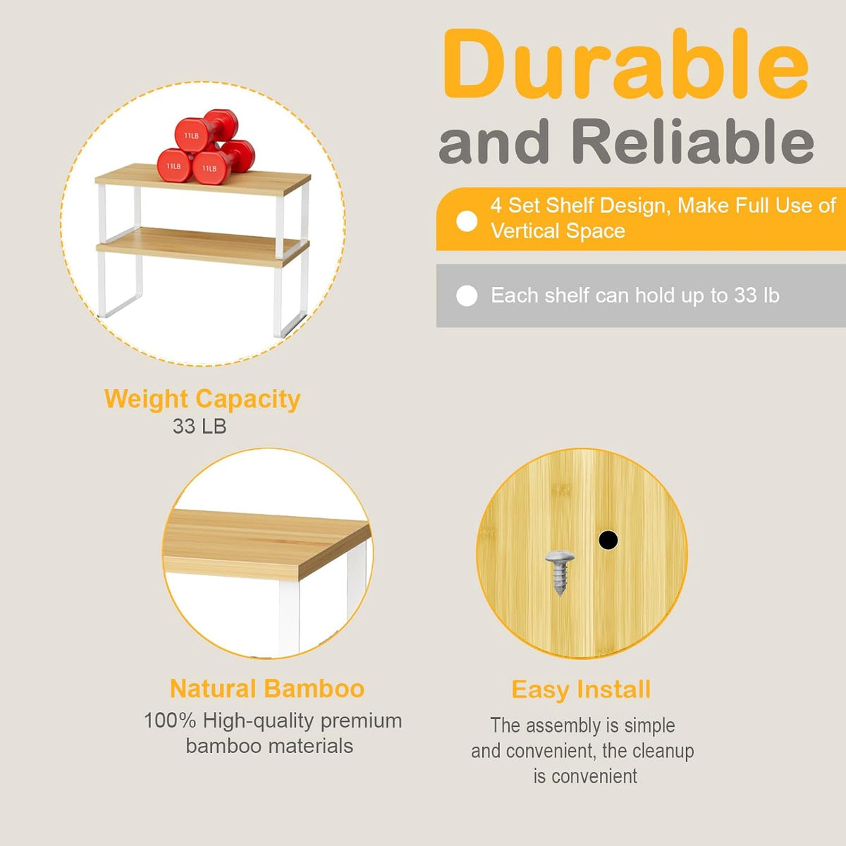 Cabinet Shelf Organizers, 15.7 inches Large Kitchen Counter Shelf, Set of 2 Wood Kitchen Pantry Organizer, Storage Shelves for Countertop, Spice Rack, Stackable, Expandable, Metal White, Nature