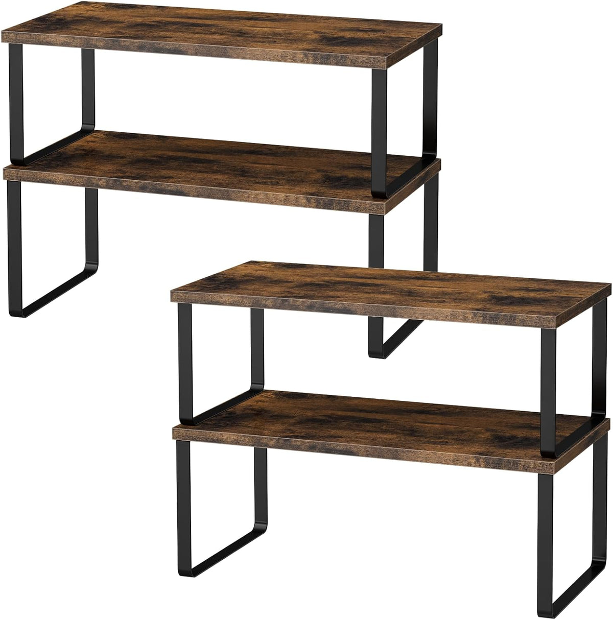 Cabinet Shelf Organizers, 15.7 inches Large Kitchen Counter Shelf, Set of 2 Wood Kitchen Pantry Organizer, Storage Shelves for Countertop, Spice Rack, Stackable, Expandable, Metal White, Nature