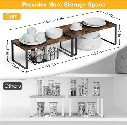 Cabinet Shelf Organizers, 15.7 inches Large Kitchen Counter Shelf, Set of 2 Wood Kitchen Pantry Organizer, Storage Shelves for Countertop, Spice Rack, Stackable, Expandable, Metal White, Nature