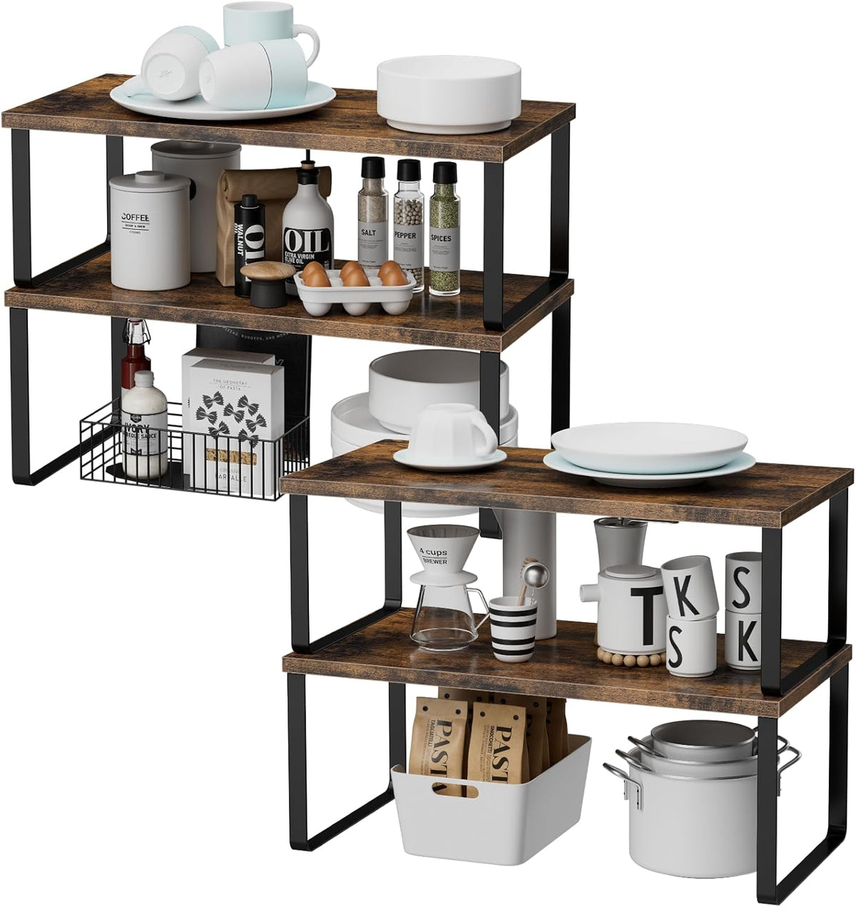 Cabinet Shelf Organizers, 15.7 inches Large Kitchen Counter Shelf, Set of 2 Wood Kitchen Pantry Organizer, Storage Shelves for Countertop, Spice Rack, Stackable, Expandable, Metal White, Nature