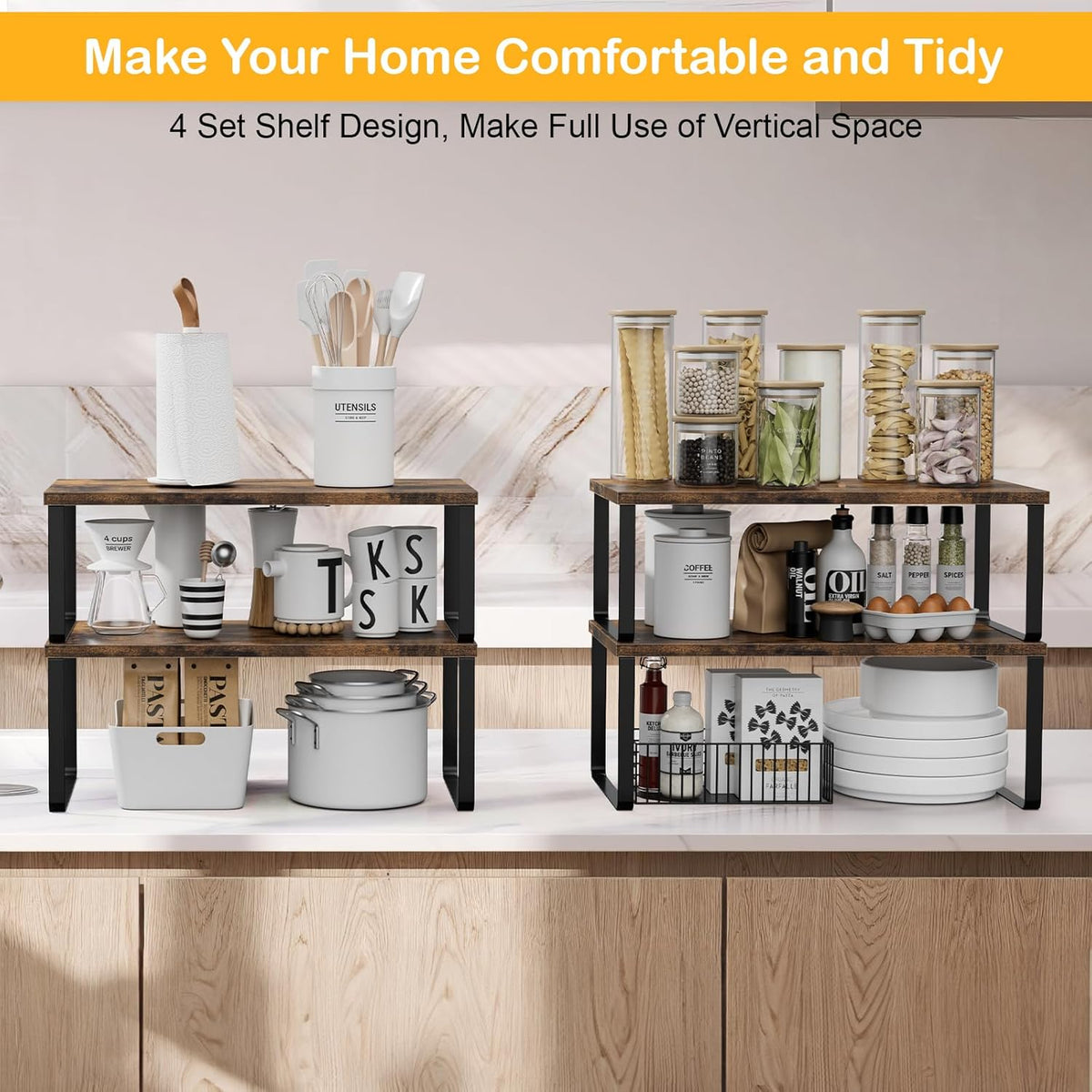 Cabinet Shelf Organizers, 15.7 inches Large Kitchen Counter Shelf, Set of 2 Wood Kitchen Pantry Organizer, Storage Shelves for Countertop, Spice Rack, Stackable, Expandable, Metal White, Nature