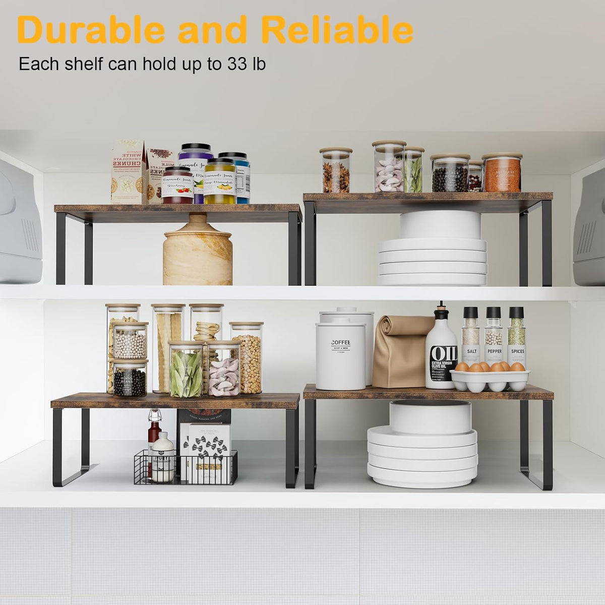 Cabinet Shelf Organizers, 15.7 inches Large Kitchen Counter Shelf, Set of 2 Wood Kitchen Pantry Organizer, Storage Shelves for Countertop, Spice Rack, Stackable, Expandable, Metal White, Nature