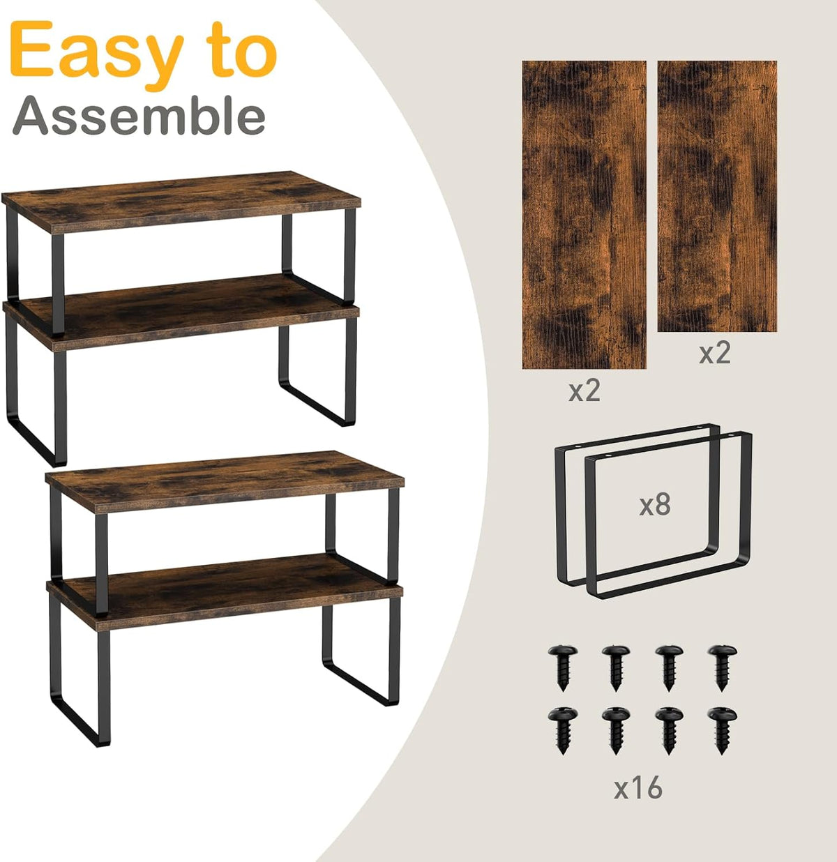 Cabinet Shelf Organizers, 15.7 inches Large Kitchen Counter Shelf, Set of 2 Wood Kitchen Pantry Organizer, Storage Shelves for Countertop, Spice Rack, Stackable, Expandable, Metal White, Nature