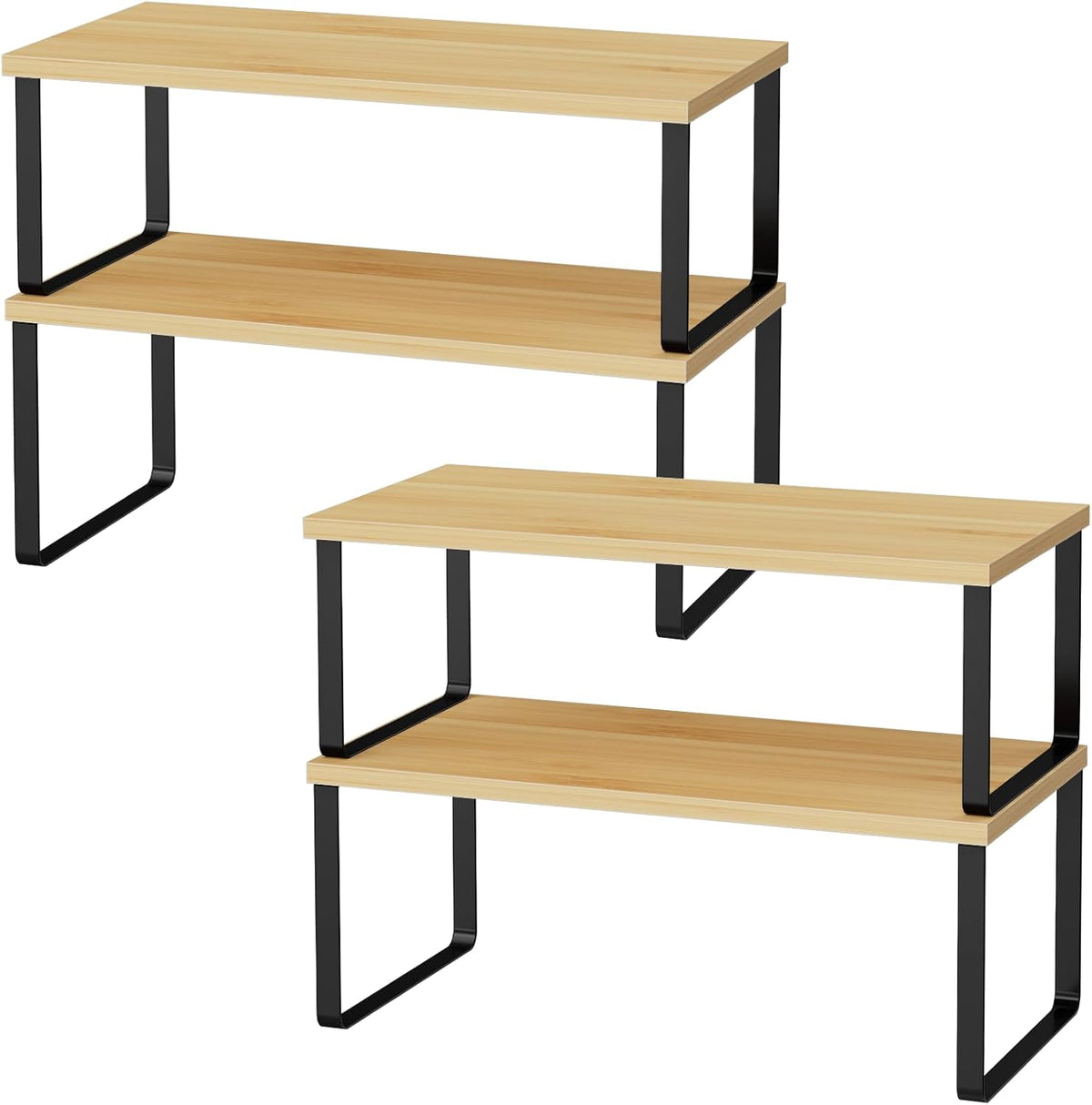 Cabinet Shelf Organizers, 15.7 inches Large Kitchen Counter Shelf, Set of 2 Wood Kitchen Pantry Organizer, Storage Shelves for Countertop, Spice Rack, Stackable, Expandable, Metal White, Nature