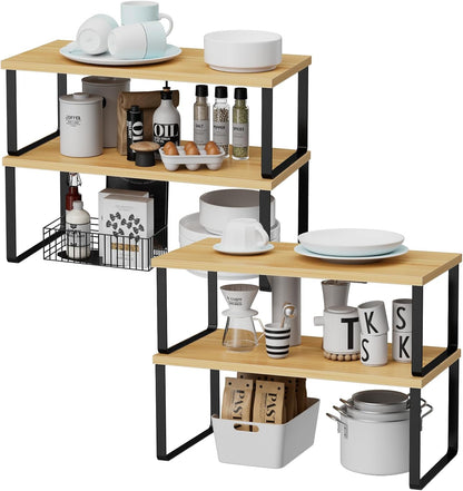 Cabinet Shelf Organizers, 15.7 inches Large Kitchen Counter Shelf, Set of 2 Wood Kitchen Pantry Organizer, Storage Shelves for Countertop, Spice Rack, Stackable, Expandable, Metal White, Nature