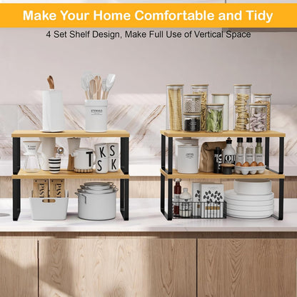 Cabinet Shelf Organizers, 15.7 inches Large Kitchen Counter Shelf, Set of 2 Wood Kitchen Pantry Organizer, Storage Shelves for Countertop, Spice Rack, Stackable, Expandable, Metal White, Nature