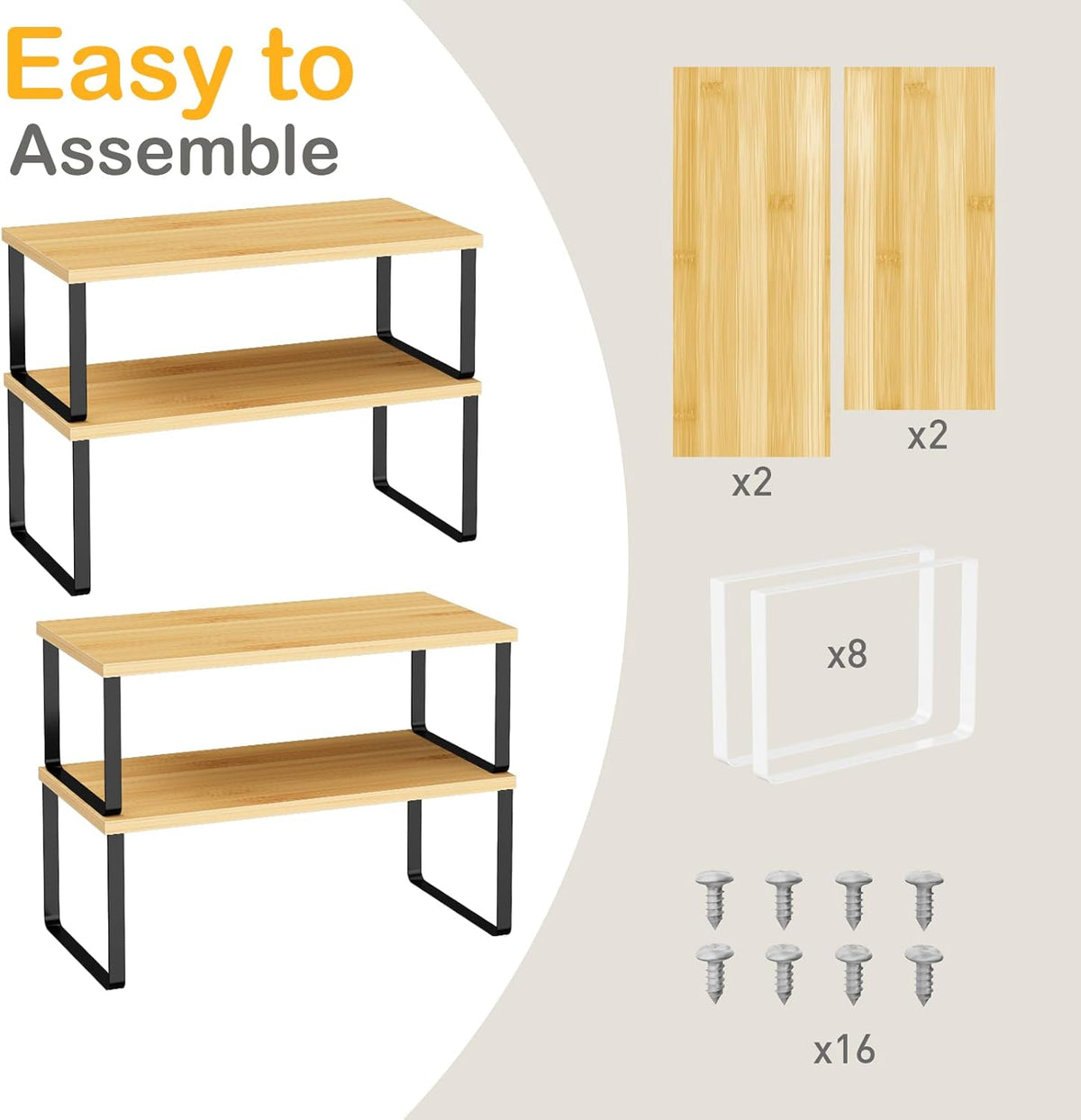 Cabinet Shelf Organizers, 15.7 inches Large Kitchen Counter Shelf, Set of 2 Wood Kitchen Pantry Organizer, Storage Shelves for Countertop, Spice Rack, Stackable, Expandable, Metal White, Nature