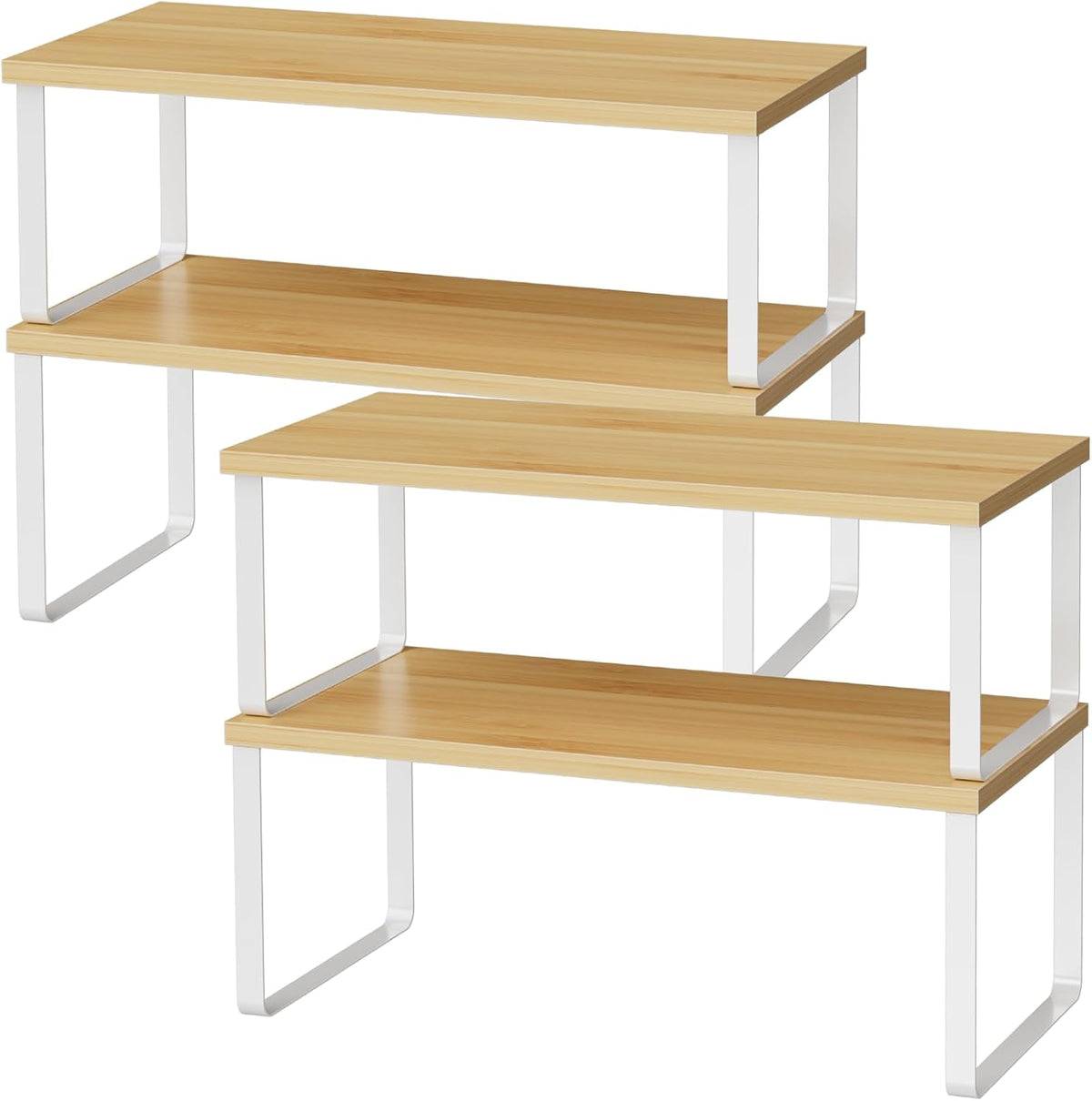 Cabinet Shelf Organizers, 15.7 inches Large Kitchen Counter Shelf, Set of 2 Wood Kitchen Pantry Organizer, Storage Shelves for Countertop, Spice Rack, Stackable, Expandable, Metal White, Nature