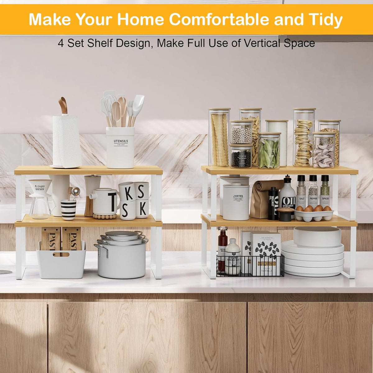 Cabinet Shelf Organizers, 15.7 inches Large Kitchen Counter Shelf, Set of 2 Wood Kitchen Pantry Organizer, Storage Shelves for Countertop, Spice Rack, Stackable, Expandable, Metal White, Nature