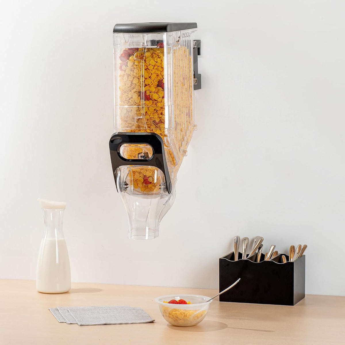 Met Lux 3.4 Gallon Dry Food Dispenser, 1 Airtight Cereal Dispenser - Wall-Mounted, Single Control, 1 Black Plastic Grain Holder, For Snacks, Nuts, Or Coffee Beans
