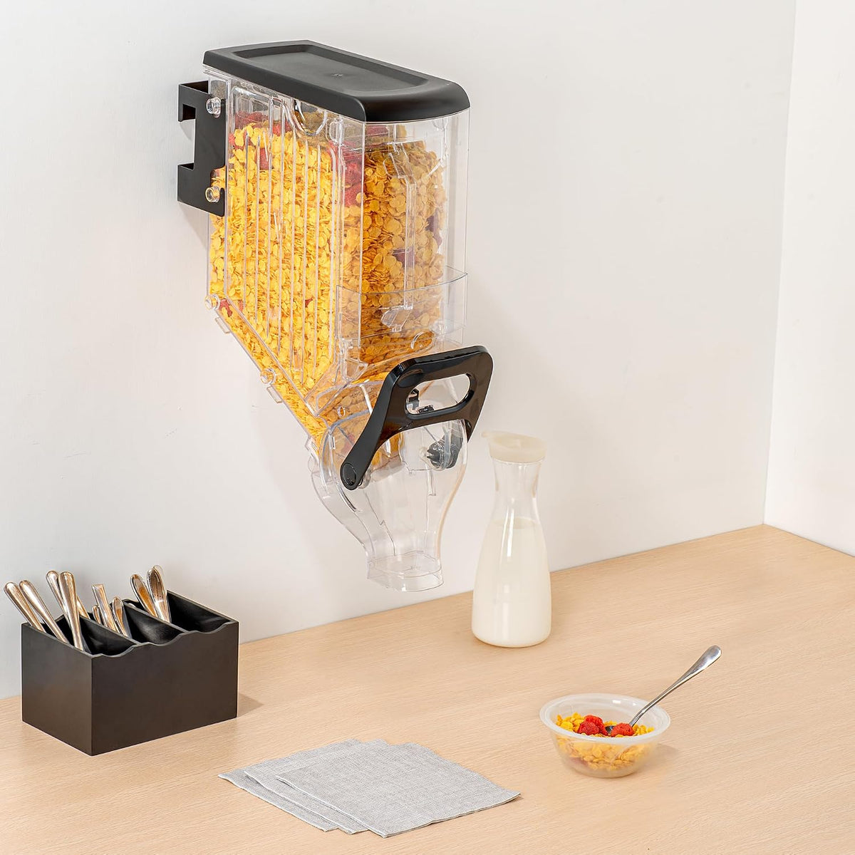 Met Lux 3.4 Gallon Dry Food Dispenser, 1 Airtight Cereal Dispenser - Wall-Mounted, Single Control, 1 Black Plastic Grain Holder, For Snacks, Nuts, Or Coffee Beans
