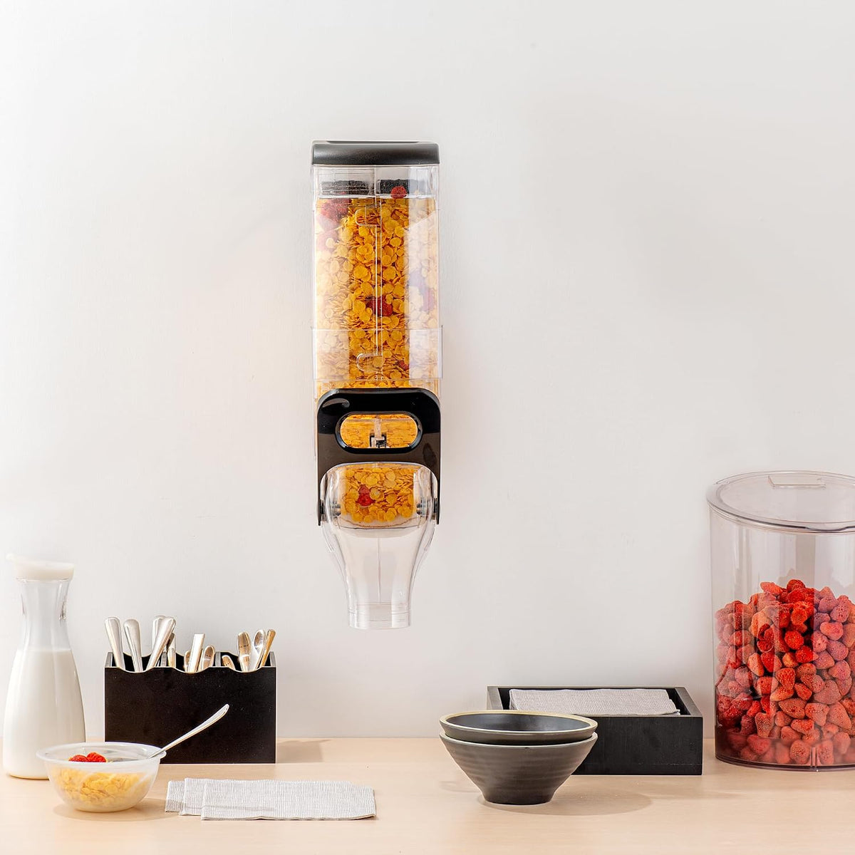 Met Lux 3.4 Gallon Dry Food Dispenser, 1 Airtight Cereal Dispenser - Wall-Mounted, Single Control, 1 Black Plastic Grain Holder, For Snacks, Nuts, Or Coffee Beans